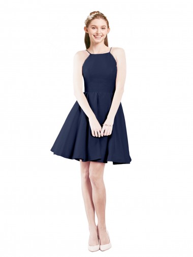 Sleeveless Dark Navy Open Back A-Line Halter Neck Bridesmaid Gown Maidstone