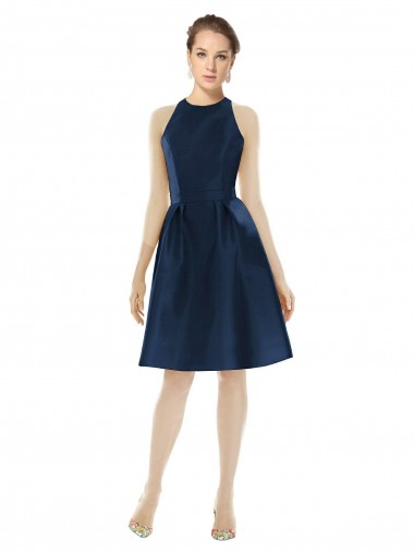 Sleeveless Dark Navy A-Line Satin Halter Neck Bridesmaid Dress Maidstone