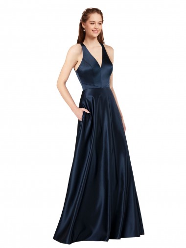Sleeveless Dark Navy Keyhole Back A-Line V-Neck Formal Evening Gown / Prom Dress / Bridesmaid Dress Maidstone