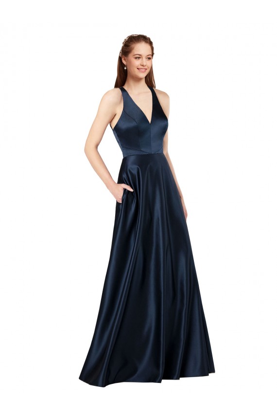 Sleeveless Dark Navy Keyhole Back A-Line V-Neck Formal Evening Gown / Prom Dress / Bridesmaid Dress Maidstone