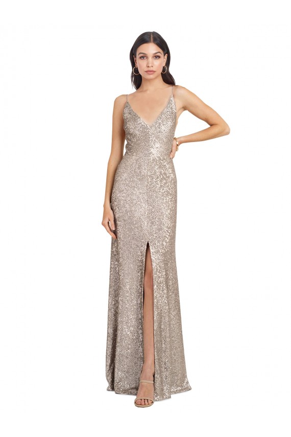 Sleeveless Silver V-Back Sheath V-Neck Formal Evening Gown / Prom Dress / Bridesmaid Dress Maidstone