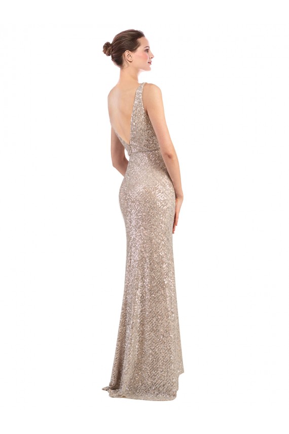 Sleeveless Silver Low Back Sheath V-Neck Formal Evening Gown / Prom Dress / Bridesmaid Dress Maidstone