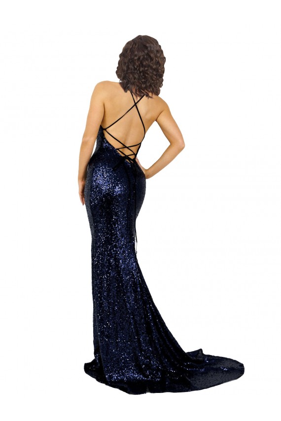 Sleeveless Dark Navy Low Back Mermaid V-Neck Formal Evening Gown / Prom Dress / Bridesmaid Dress Maidstone