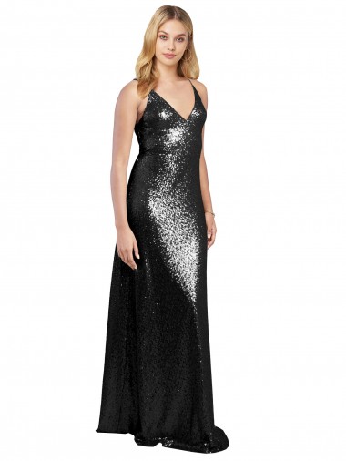 Sleeveless Black V-Back A-Line Spaghetti Straps Formal Evening Gown / Prom Dress / Bridesmaid Dress Maidstone