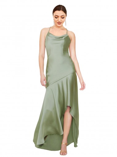 Sleeveless Smoke Green Criss Cross Open Back A-Line Cowl Neck High Low Evening Gown / Prom Dress / Bridesmaid Dress Maidstone