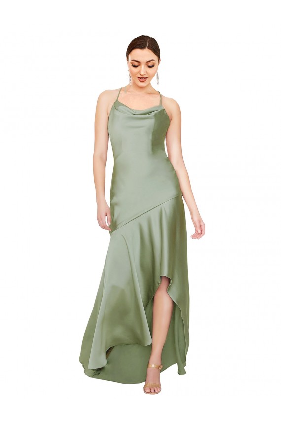 Sleeveless Smoke Green Criss Cross Open Back A-Line Cowl Neck High Low Evening Gown / Prom Dress / Bridesmaid Dress Maidstone