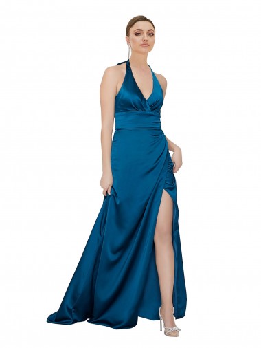 Sleeveless Peacock Blue Open Back A-Line Halter Neck Formal Evening Gown / Prom Dress / Bridesmaid Dress Maidstone