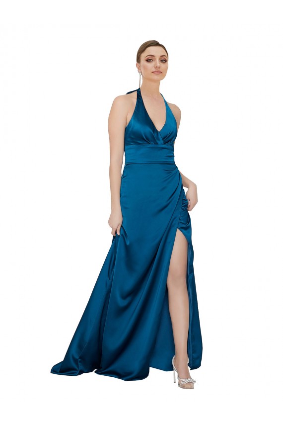Sleeveless Peacock Blue Open Back A-Line Halter Neck Formal Evening Gown / Prom Dress / Bridesmaid Dress Maidstone
