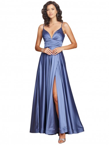 Sleeveless French Blue Low Back A-Line Spaghetti Straps Black Tie Evening Gown / Prom Dress / Bridesmaid Dress Maidstone