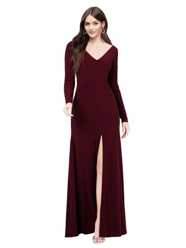 Long Sleeves Burgundy Gold V-Back Sheath V-Neck Prom Dress / Bridesmaid Dress Maidstone