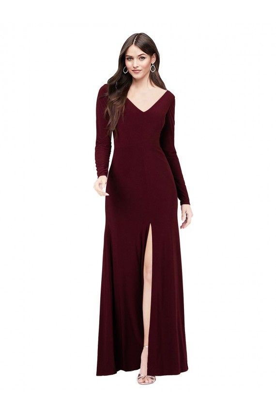 Long Sleeves Burgundy Gold V-Back Sheath V-Neck Prom Dress / Bridesmaid Dress Maidstone