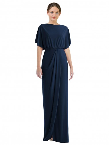 Short Sleeves Dark Navy Open Back Sheath Bateau Neck Semi Formal Evening Dress / Prom Dress / Bridesmaid Dress Maidstone