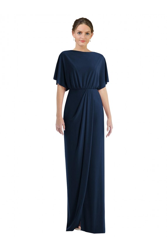 Short Sleeves Dark Navy Open Back Sheath Bateau Neck Semi Formal Evening Dress / Prom Dress / Bridesmaid Dress Maidstone