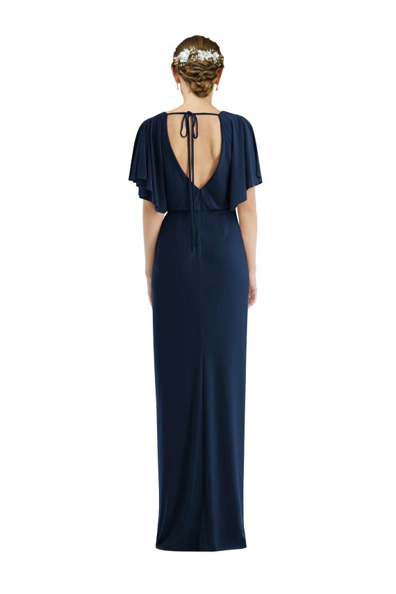 Short Sleeves Dark Navy Open Back Sheath Bateau Neck Semi Formal Evening Dress / Prom Dress / Bridesmaid Dress Maidstone