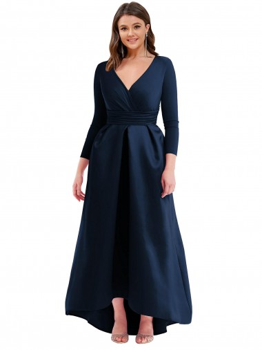 Long Sleeves Dark Navy Ball Gown V-Neck High Low Plus Size Evening Gown / Prom Dress / Bridesmaid Dress Maidstone
