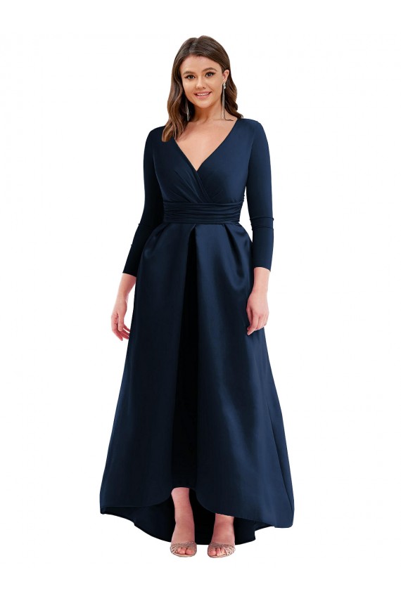 Long Sleeves Dark Navy Ball Gown V-Neck High Low Plus Size Evening Gown / Prom Dress / Bridesmaid Dress Maidstone