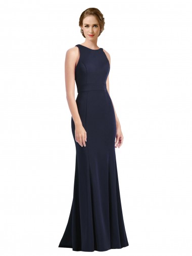 Sleeveless Dark Navy Keyhole Back Sheath Scoop Neck Black Tie Prom Dress / Bridesmaid Dress Maidstone