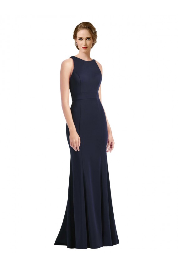 Sleeveless Dark Navy Keyhole Back Sheath Scoop Neck Black Tie Prom Dress / Bridesmaid Dress Maidstone