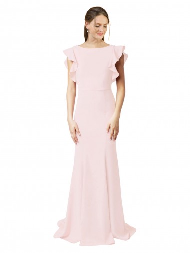 Ruffle Sleeves Pink V-Back Mermaid, Sheath Jewel Neck Black Tie Prom Dress / Bridesmaid Dress Maidstone