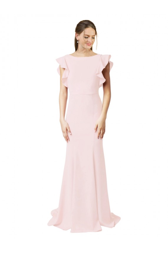 Ruffle Sleeves Pink V-Back Mermaid, Sheath Jewel Neck Black Tie Prom Dress / Bridesmaid Dress Maidstone