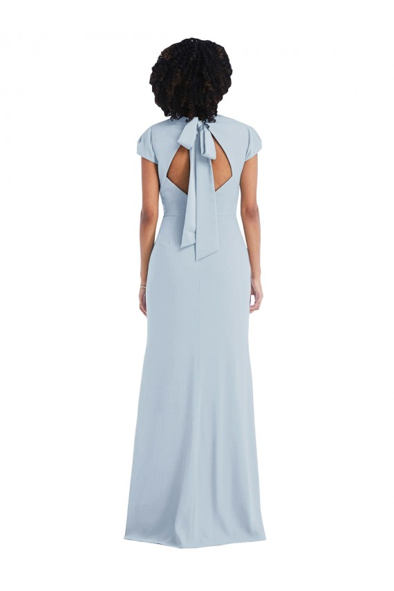 Cap Sleeves Light Sky Blue Keyhole Back Trumpet Jewel Neck Semi Formal Evening Dress / Bridesmaid Dress Maidstone