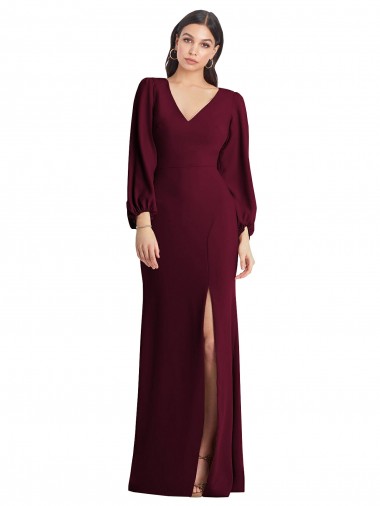 Puff Sleeves Burgundy Gold Trumpet V-Neck Semi Formal Evening Dress / Prom Dress / Bridesmaid Dress Maidstone