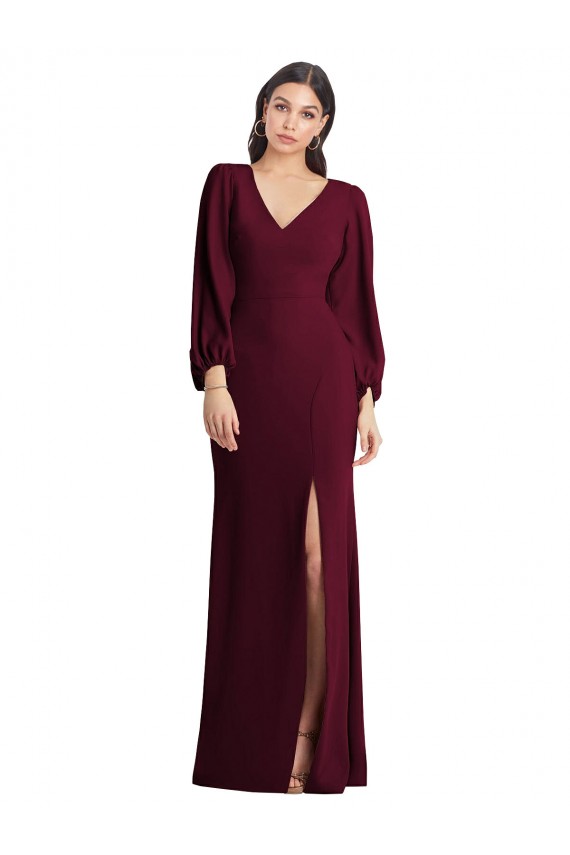 Puff Sleeves Burgundy Gold Trumpet V-Neck Semi Formal Evening Dress / Prom Dress / Bridesmaid Dress Maidstone