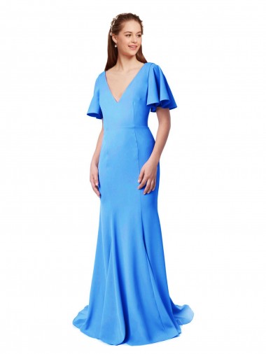 Short Sleeves Peacock Blue V-Back Mermaid, Sheath V-Neck Prom Dress / Bridesmaid Dress Maidstone