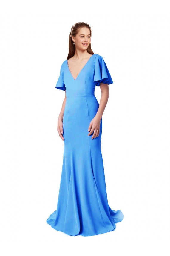 Short Sleeves Peacock Blue V-Back Mermaid, Sheath V-Neck Prom Dress / Bridesmaid Dress Maidstone