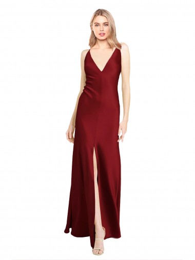 Sleeveless Burgundy V-Back A-Line Stretch Satin V-Neck Black Tie Evening Gown / Prom Dress / Bridesmaid Dress Maidstone