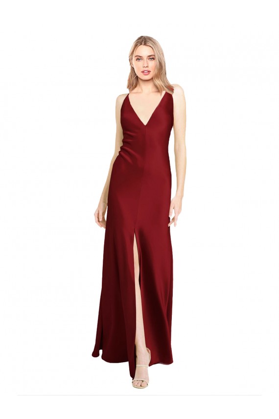 Sleeveless Burgundy V-Back A-Line Stretch Satin V-Neck Black Tie Evening Gown / Prom Dress / Bridesmaid Dress Maidstone
