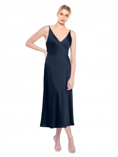 Sleeveless Dark Navy V-Back A-Line Stretch Satin V-Neck Formal Evening Gown / Prom Dress / Bridesmaid Dress Maidstone