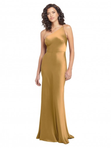Sleeveless Gold A-Line Stretch Satin One Shoulder Formal Evening Gown / Prom Dress / Bridesmaid Dress Maidstone
