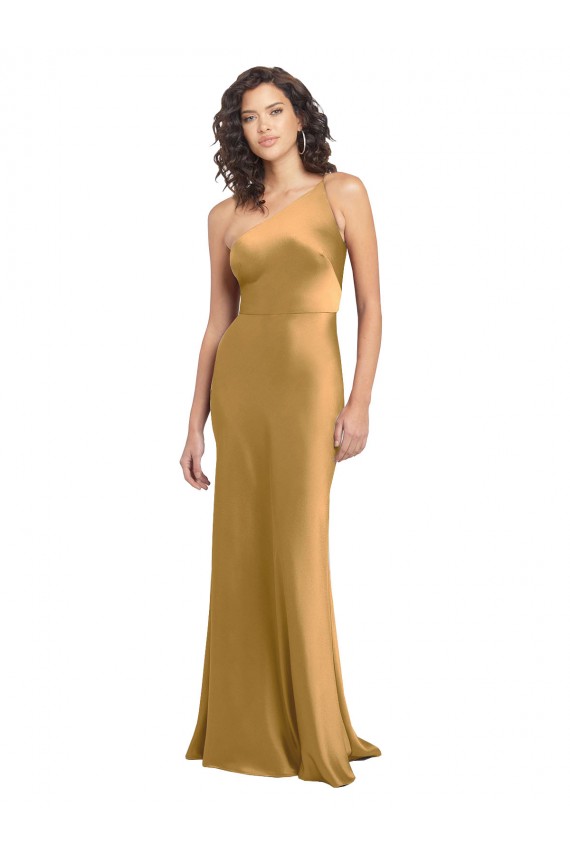 Sleeveless Gold A-Line Stretch Satin One Shoulder Formal Evening Gown / Prom Dress / Bridesmaid Dress Maidstone