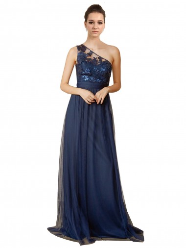 Sleeveless Dark Navy A-Line Tulle One Shoulder Bridesmaid Dress Maidstone
