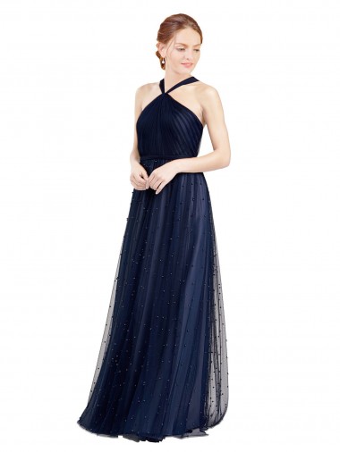 Sleeveless Navy Blue A-Line Halter Neck Bridesmaid Dress / Evening Dress Maidstone