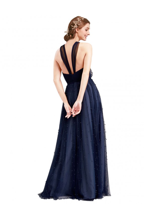 Sleeveless Navy Blue A-Line Halter Neck Bridesmaid Dress / Evening Dress Maidstone