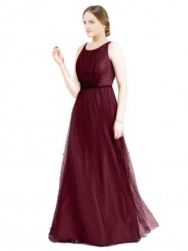 Sleeveless Burgundy Keyhole Back A-Line Boat Neck Semi Formal Evening Dress / Bridesmaid Dress Maidstone