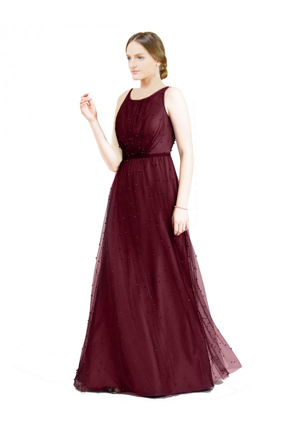 Sleeveless Burgundy Keyhole Back A-Line Boat Neck Semi Formal Evening Dress / Bridesmaid Dress Maidstone