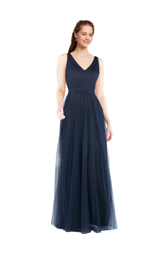 Sleeveless Dark Navy Low Back Sheath V-Neck Bridesmaid Dress Maidstone