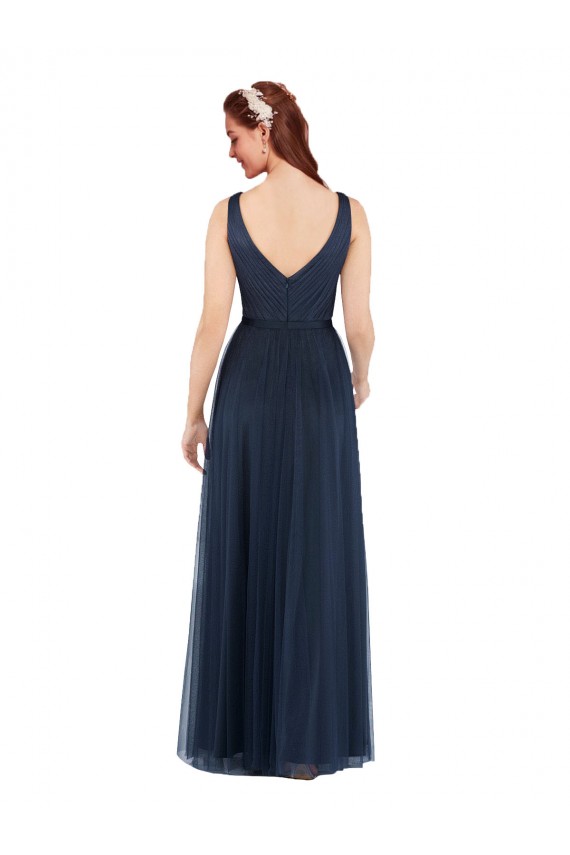 Sleeveless Dark Navy Low Back Sheath V-Neck Bridesmaid Dress Maidstone