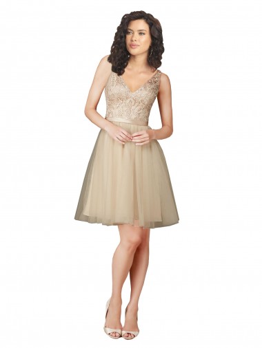 Sleeveless Champagne V-Back A-Line Tulle & Lace V-Neck Bridesmaid Dress Maidstone