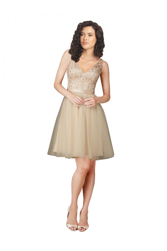 Sleeveless Champagne V-Back A-Line Tulle & Lace V-Neck Bridesmaid Dress Maidstone