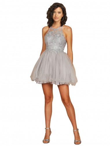 Sleeveless Silver Criss Cross Open Back A-Line Halter Neck Bridesmaid Dress Maidstone