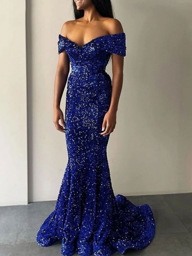 Sleeveless Royal Blue Mermaid Off the Shoulder Prom Dresses Maidstone