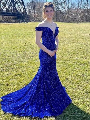 Sleeveless Royal Blue Sheath Off the Shoulder Prom Dress Maidstone