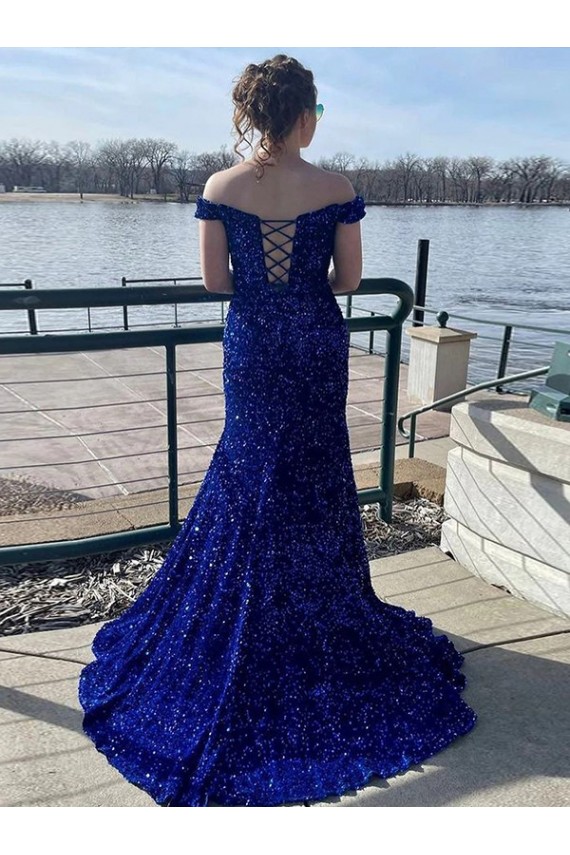 Sleeveless Royal Blue Sheath Off the Shoulder Prom Dress Maidstone