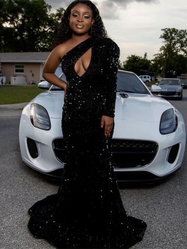 Long Sleeves Black Sheath One Shoulder Prom Dress Maidstone