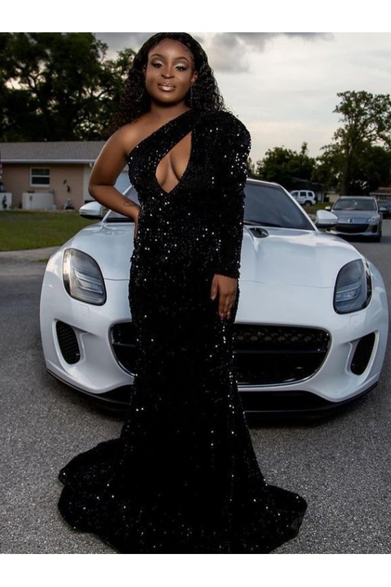 Long Sleeves Black Sheath One Shoulder Prom Dress Maidstone
