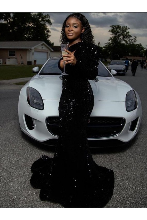 Long Sleeves Black Sheath One Shoulder Prom Dress Maidstone